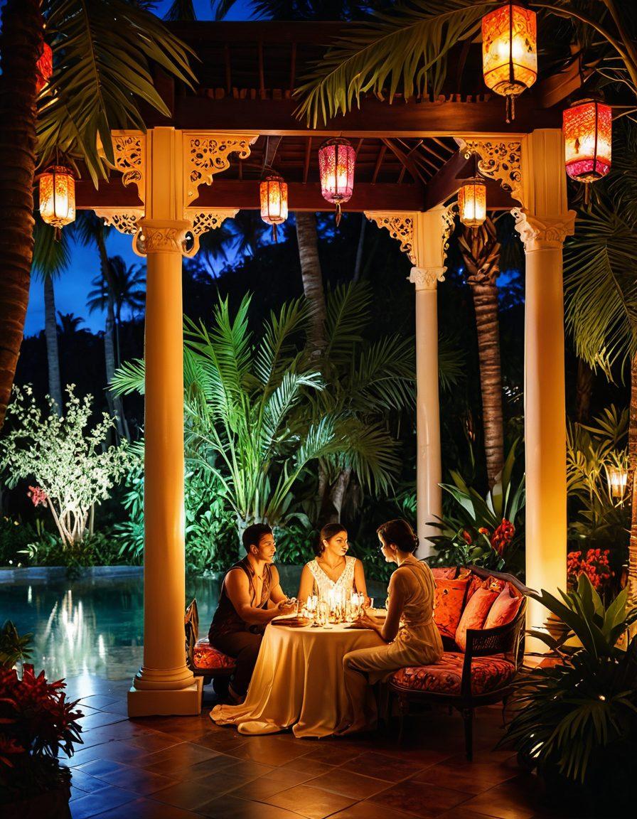 A vibrant and colorful depiction of a whimsical world filled with exotic elements, showcasing diverse couples engaging in joyful and sensual activities. Include elements such as lush tropical backgrounds, ornate decor, and warm, inviting lighting to evoke intimacy and pleasure. Capture a sense of exploration and celebration of adult entertainment in a tasteful manner. super-realistic. vibrant colors. 3D.