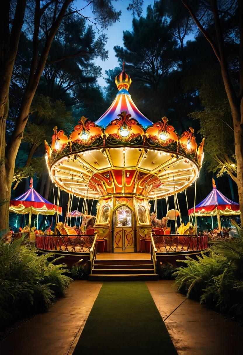 A captivating scene featuring a whimsical carnival with colorful rides and enticing booths, seamlessly blending into an enchanting forest with mystical elements. The atmosphere should evoke feelings of playful excitement and alluring mystery, incorporating elements of erotic art such as silhouettes and soft, inviting lighting. Add subtle hints of luxury and sensuality, like velvet fabrics and golden accents, throughout the landscape. This image should feel both adventurous and escapist, drawing viewers into a fantastical world. super-realistic. vibrant colors. soft focus.